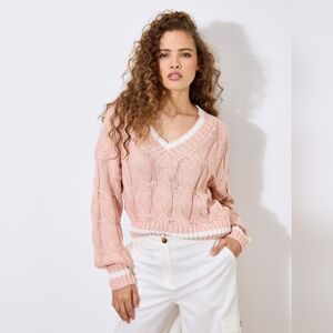 V-Neck Cable Knit Loose Weave Sweater